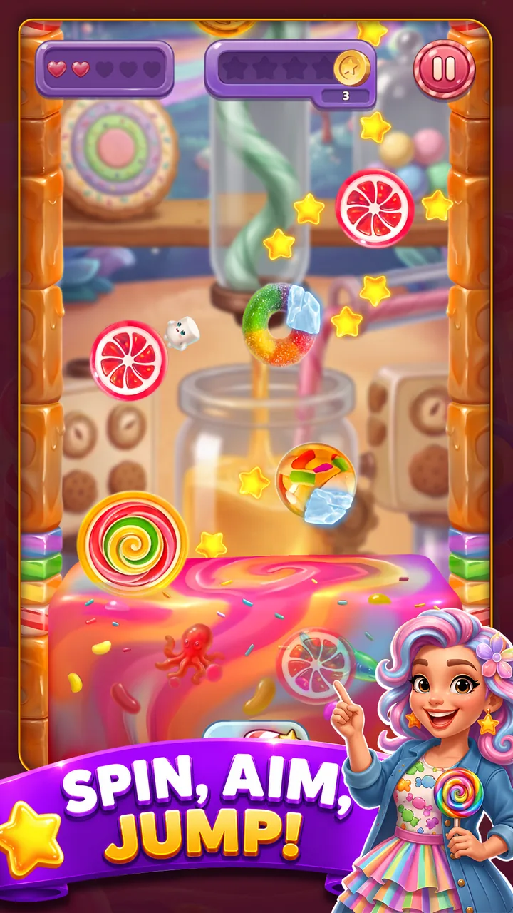 Gummy Wheels screenshot: spin, aim, jump